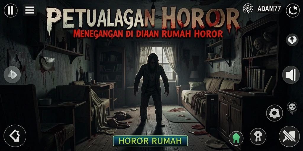 Screenshot dari game ADAM77 menampilkan suasana rumah horor yang mencekam.