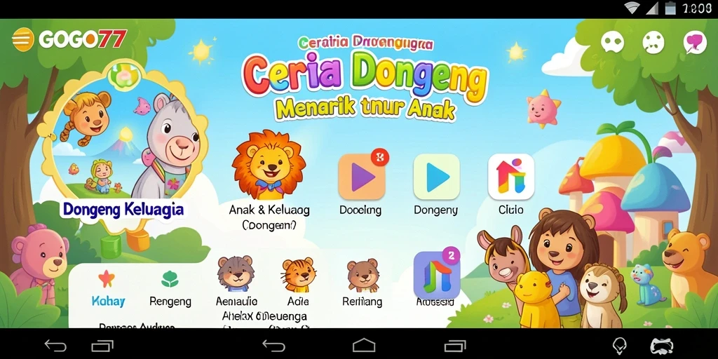 Antarmuka pengguna GOGO77 yang ramah anak dengan berbagai pilihan dongeng.